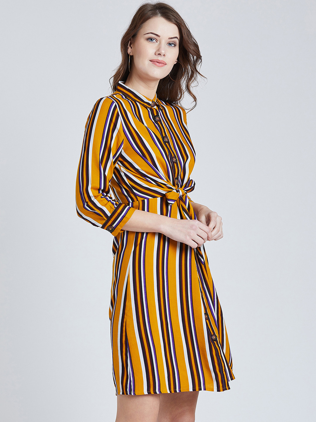

Marie Claire Women Mustard Yellow & Black Striped Shirt Dress