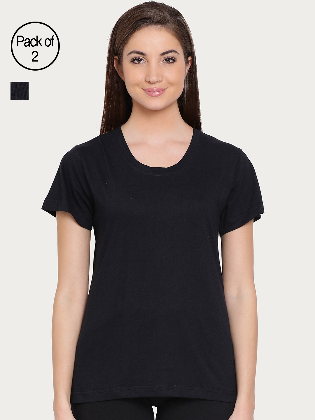 

Clovia Women Pack of 2 Cotton Rich Sleep T-Shirts, Black
