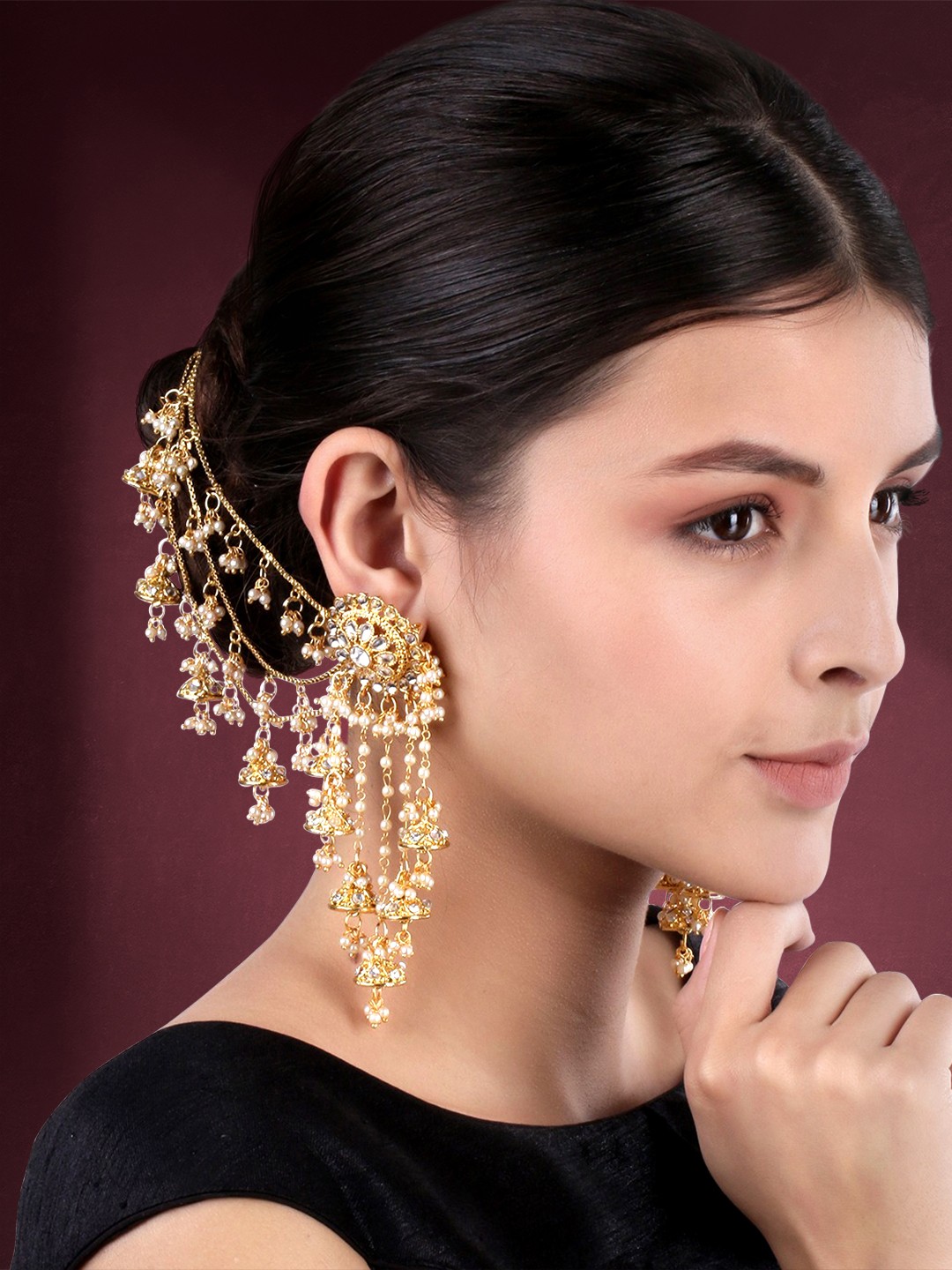 

Peora Gold-Plated Kundan Contemporary Jhumkas with Hair Chain