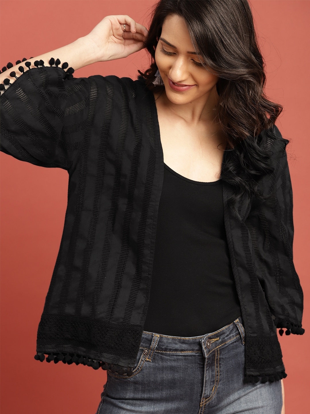 

Taavi Black Woven Legacy Open-Front Sustainable Shrug with Pom-Pom Detail