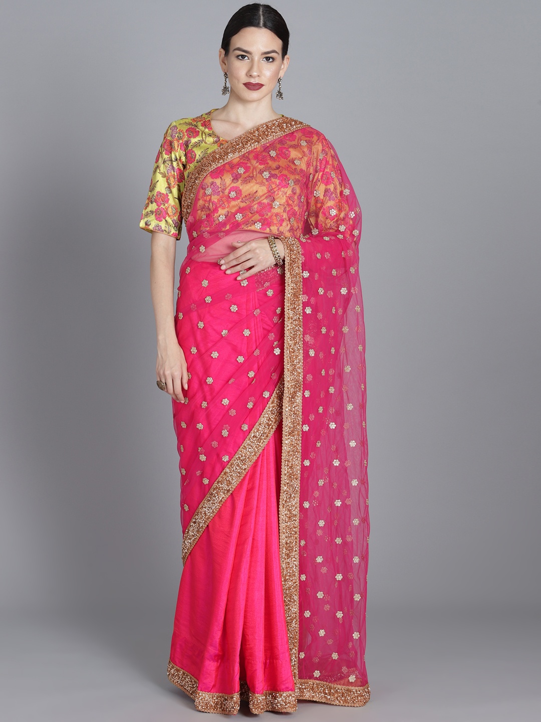 

Ethnovog Pink Green Embellished Saree with Stitched Blouse