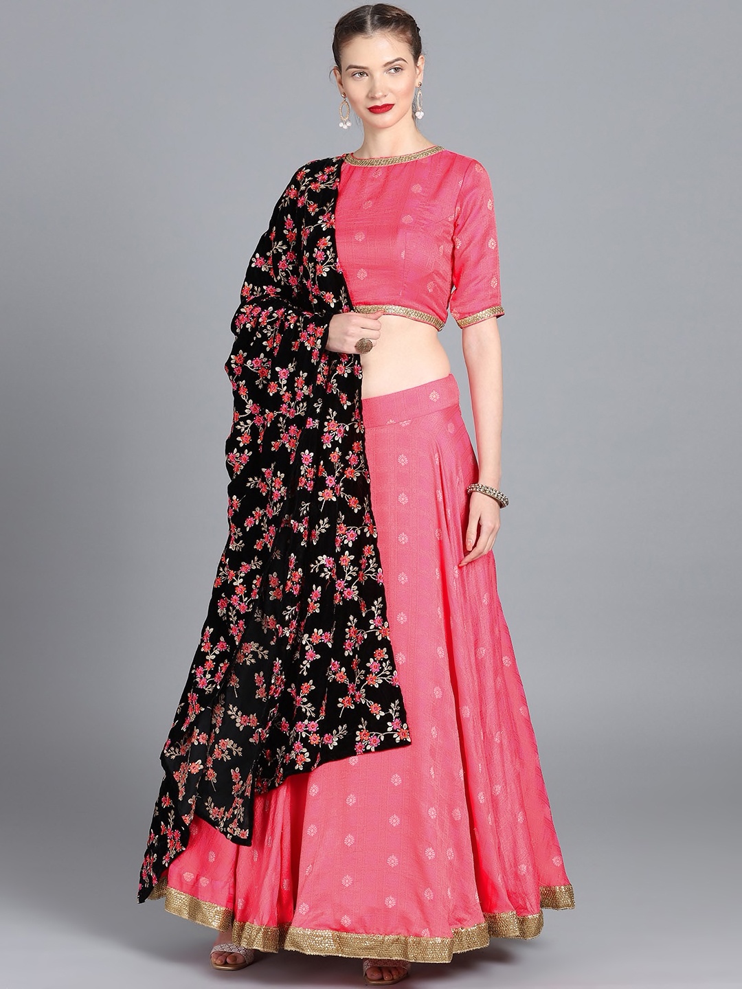 

Ethnovog Pink-Coloured Woven design Made to Measure Lehenga Choli with Dupatta