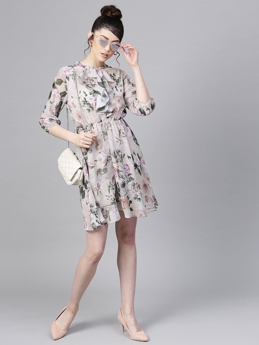 

SASSAFRAS Grey & Green Floral Print Fit and Flare Dress