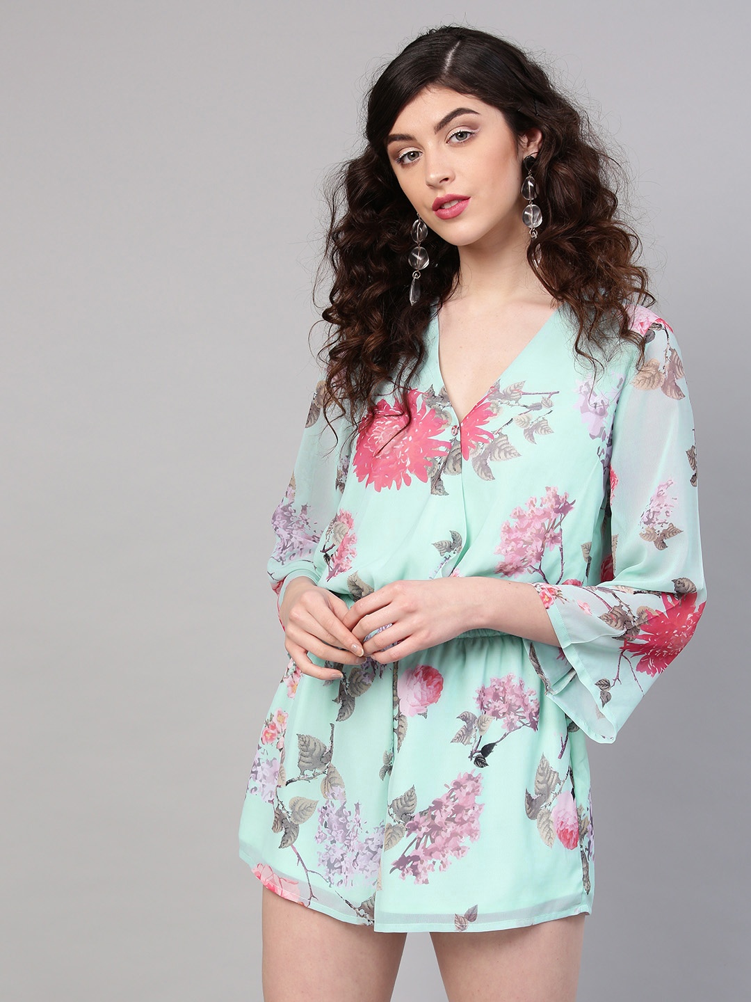 

SASSAFRAS Blue & Pink Floral Print Wrap Playsuit