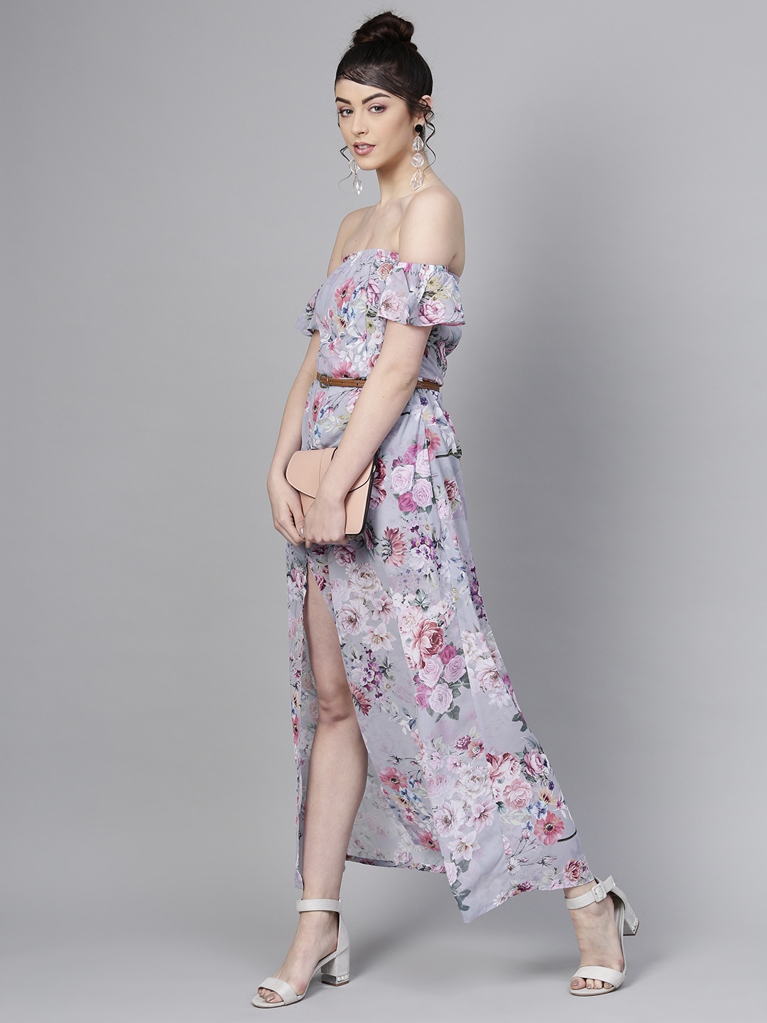 

SASSAFRAS Grey Floral Printed High-Slit Maxi Dress