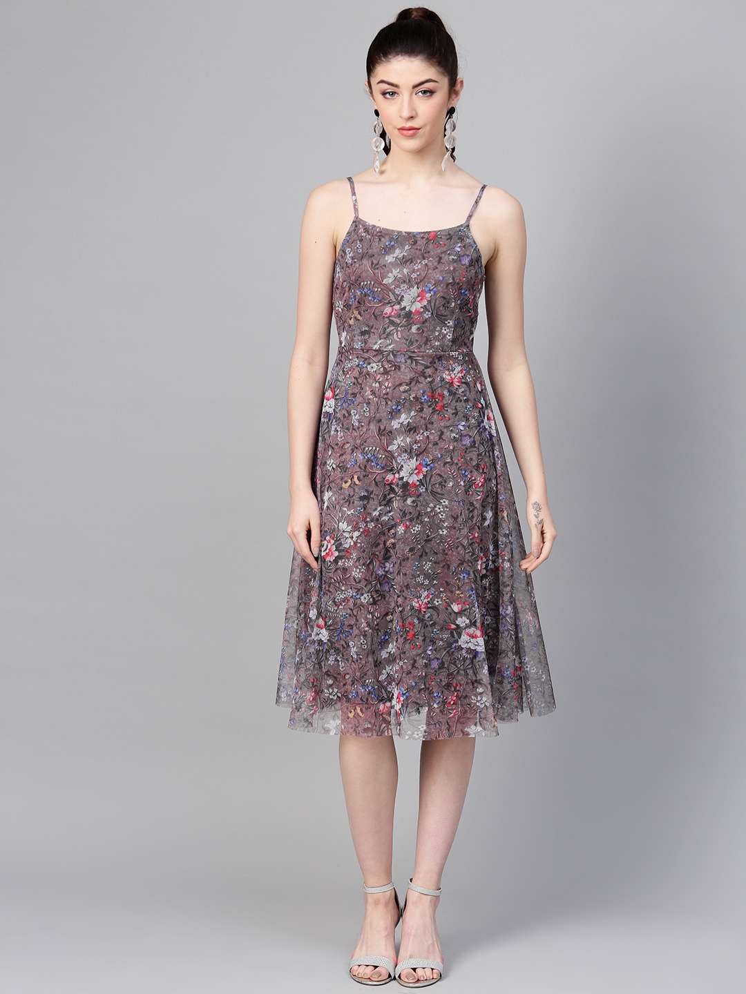 

SASSAFRAS Mauve Floral Printed A-Line Net Dress