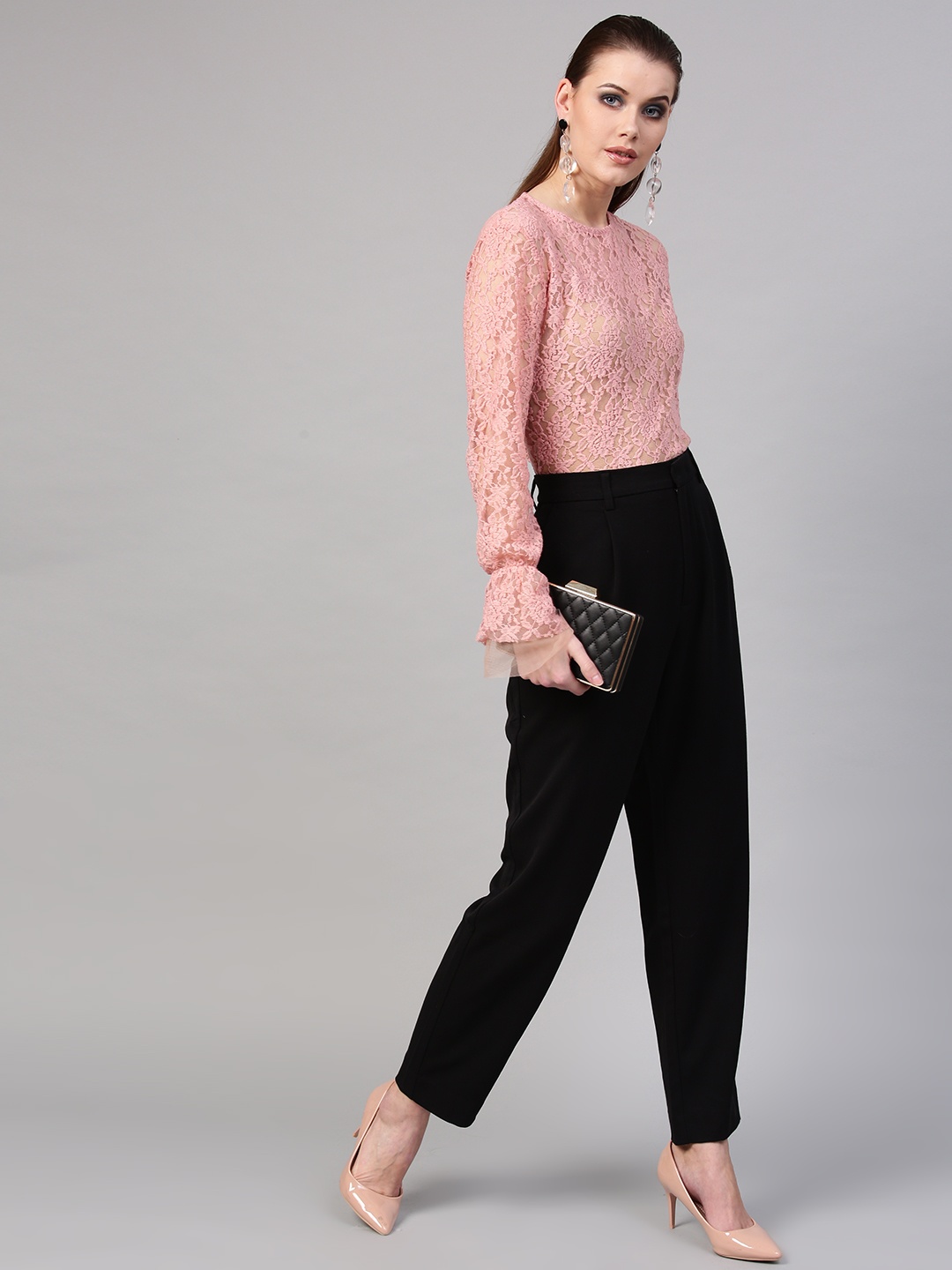 

SASSAFRAS Women Peach-Coloured Lace Sheer Top