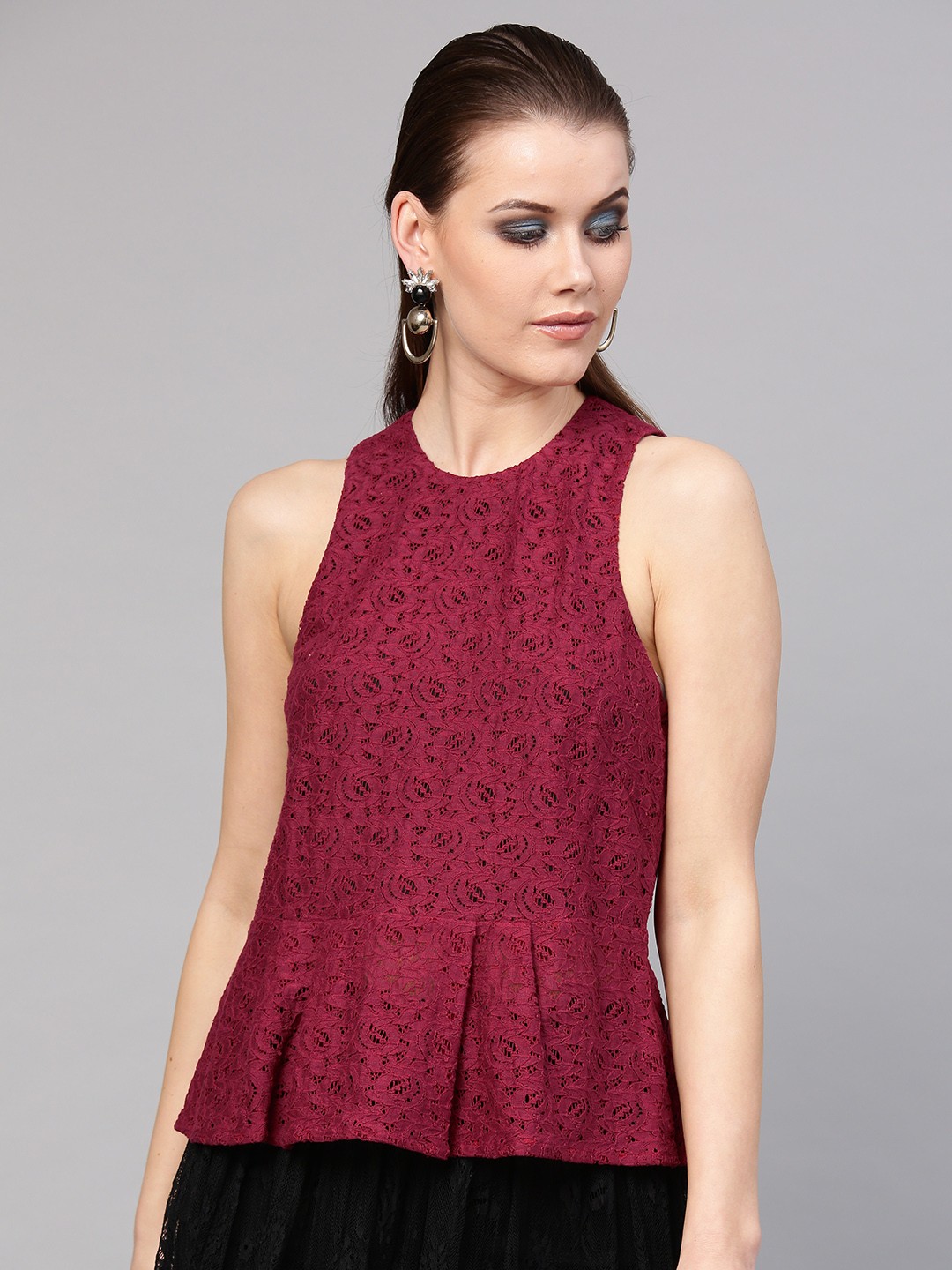 

SASSAFRAS Women Burgundy Lace Semi-Sheer Peplum Pure Cotton Top