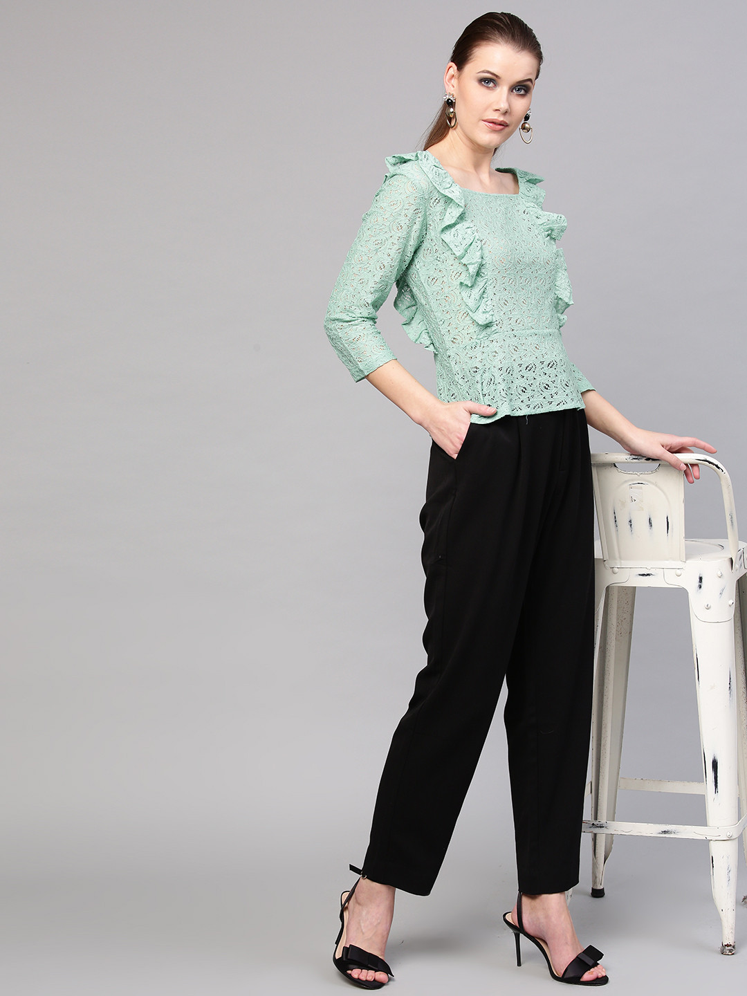 

SASSAFRAS Women Sea Green Lace Semi-Sheer Pure Cotton Top