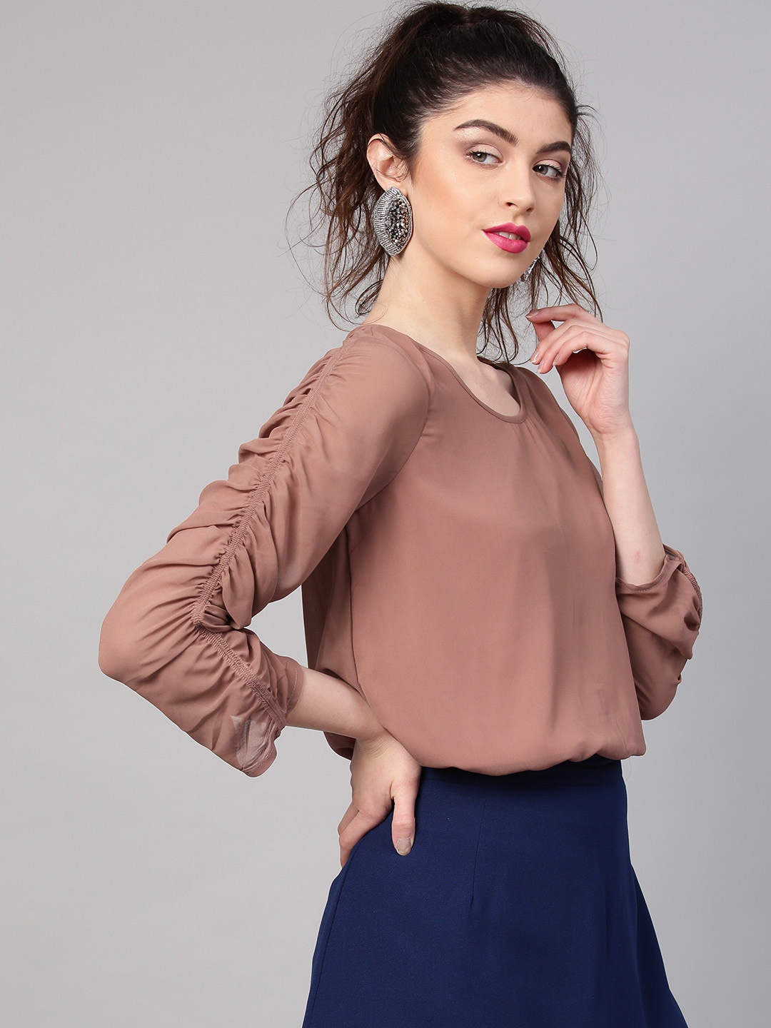 

SASSAFRAS Women Brown Solid Blouson Top