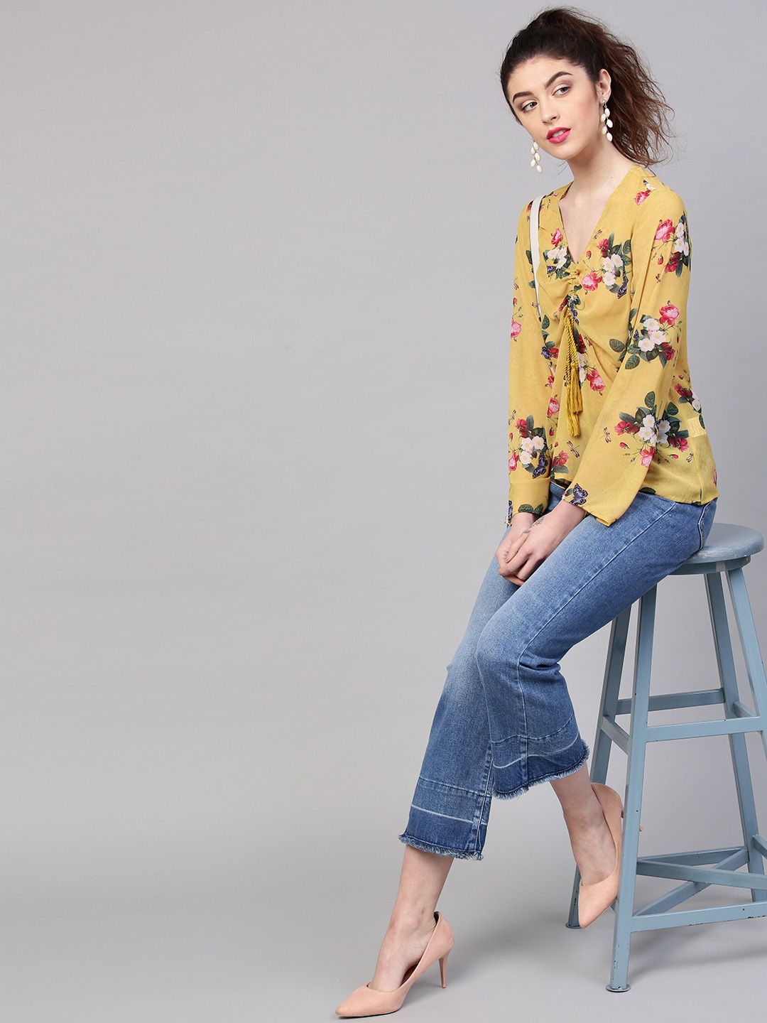 

SASSAFRAS Women Mustard Yellow & Green Printed A-Line Top