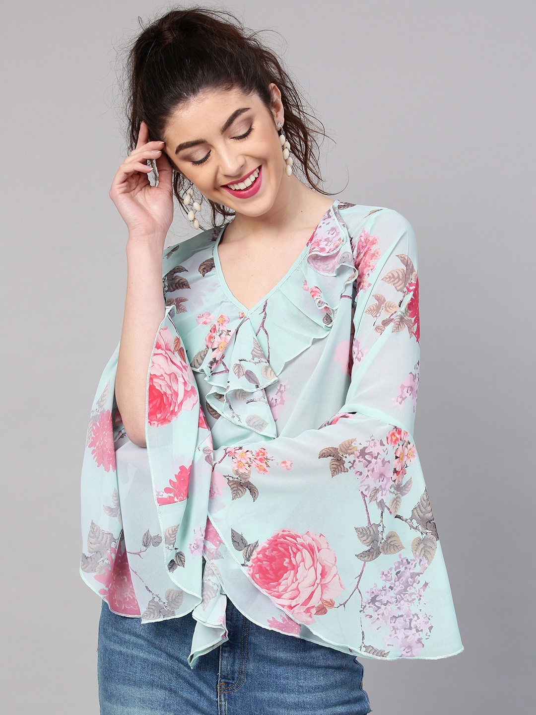 

SASSAFRAS Blue Floral V-Neck Top With Bell Sleeves