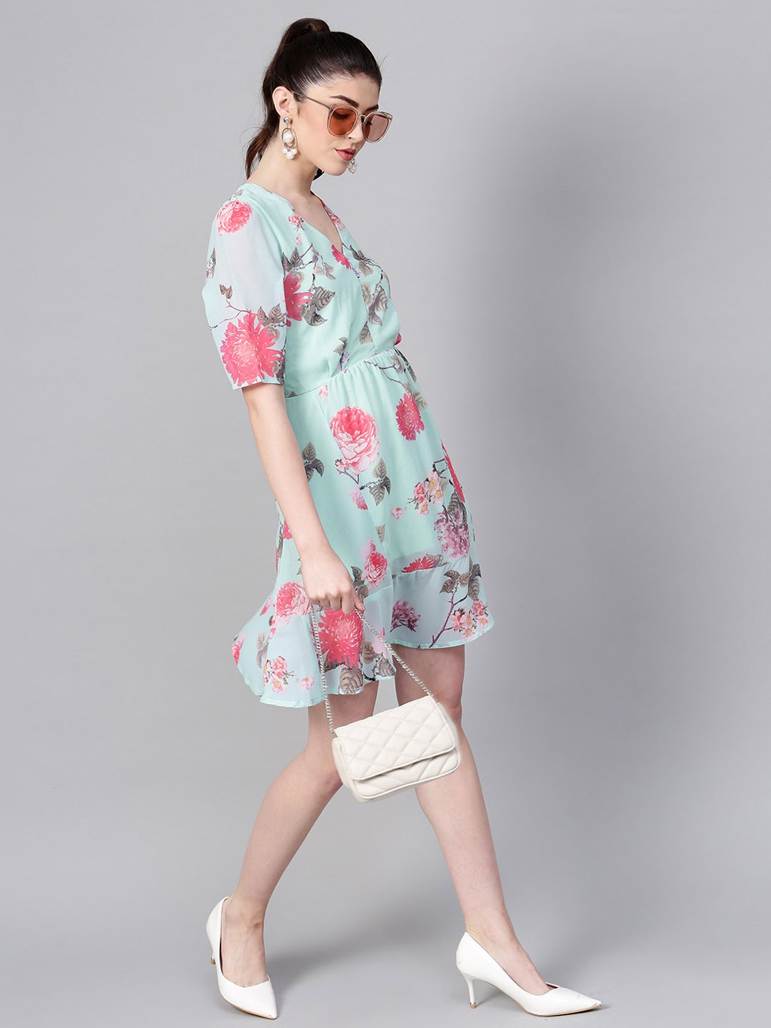 

SASSAFRAS Women Blue & Pink Printed A-Line Dress