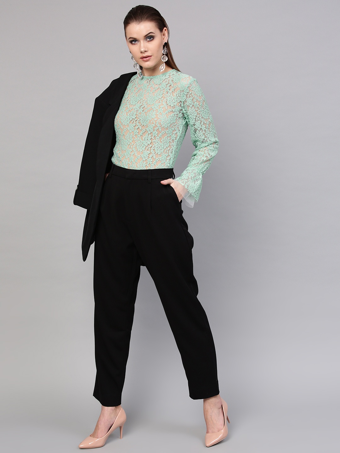 

SASSAFRAS Women Sea Green Lace Sheer Top