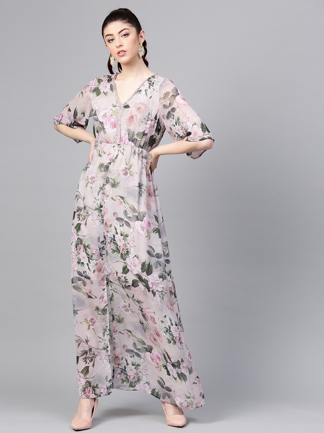 

SASSAFRAS Taupe & Green Floral Printed Maxi Dress
