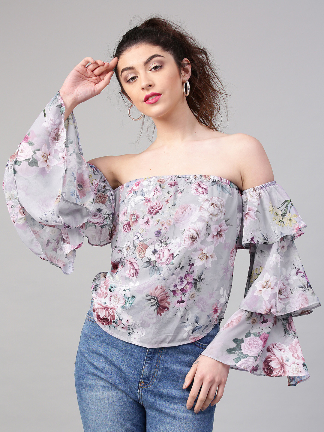 

SASSAFRAS Women Grey & Purple Printed Bardot Top