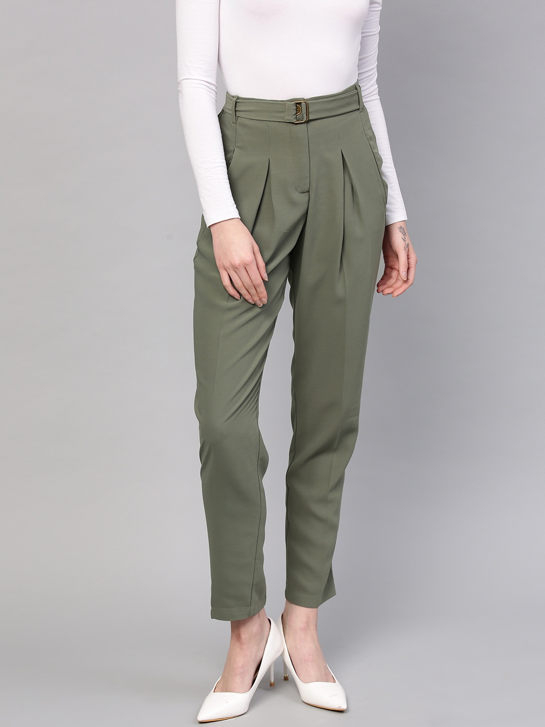 

SASSAFRAS Women Olive Green Peg Trousers