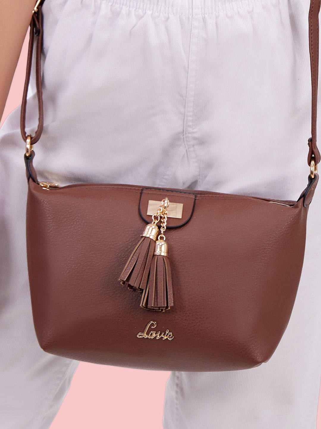 

Lavie Marma Tan Solid Tasselled Sling bag