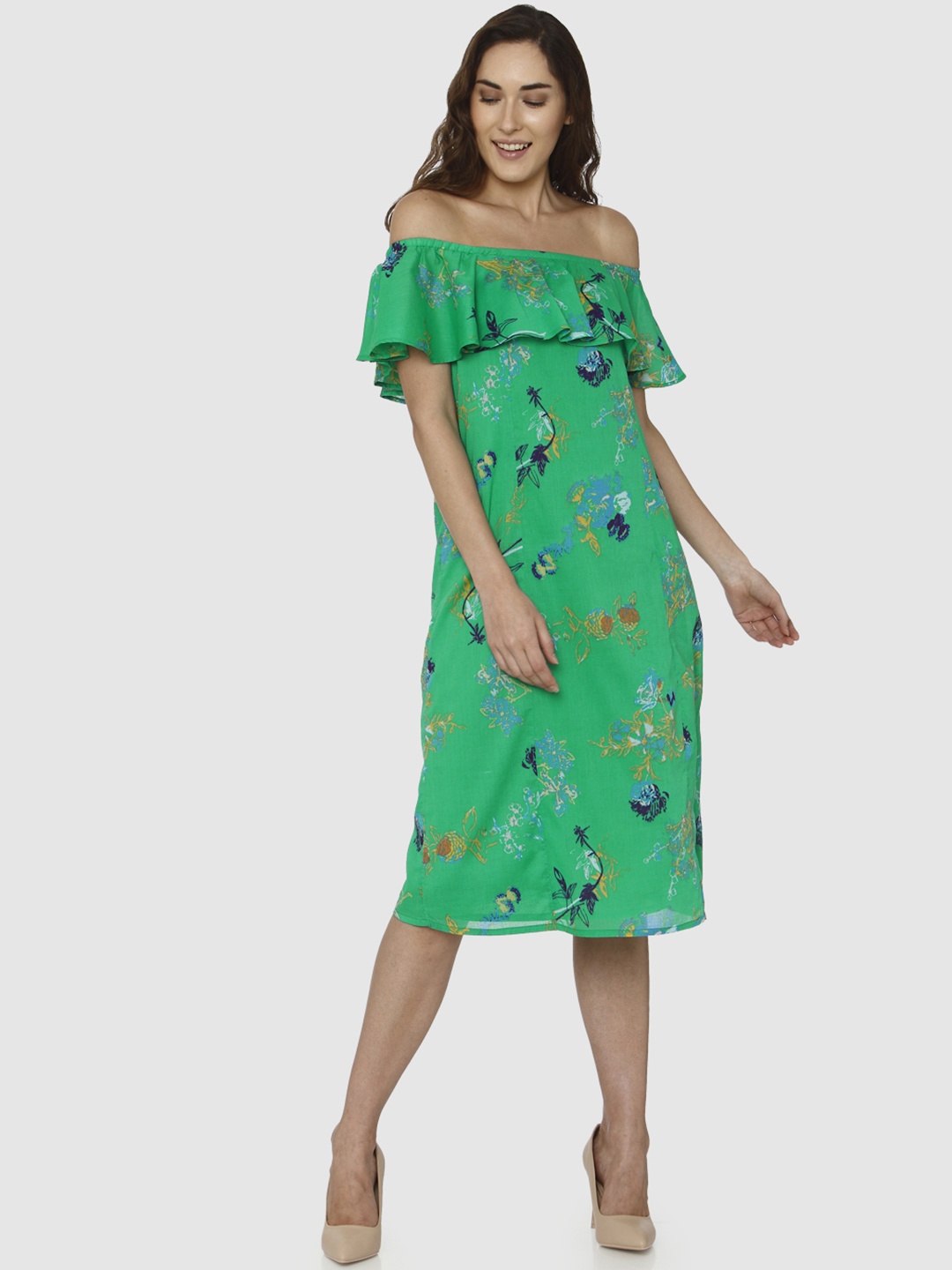 

Vero Moda Women Green Printed A-Line Off-Shoulder Dress