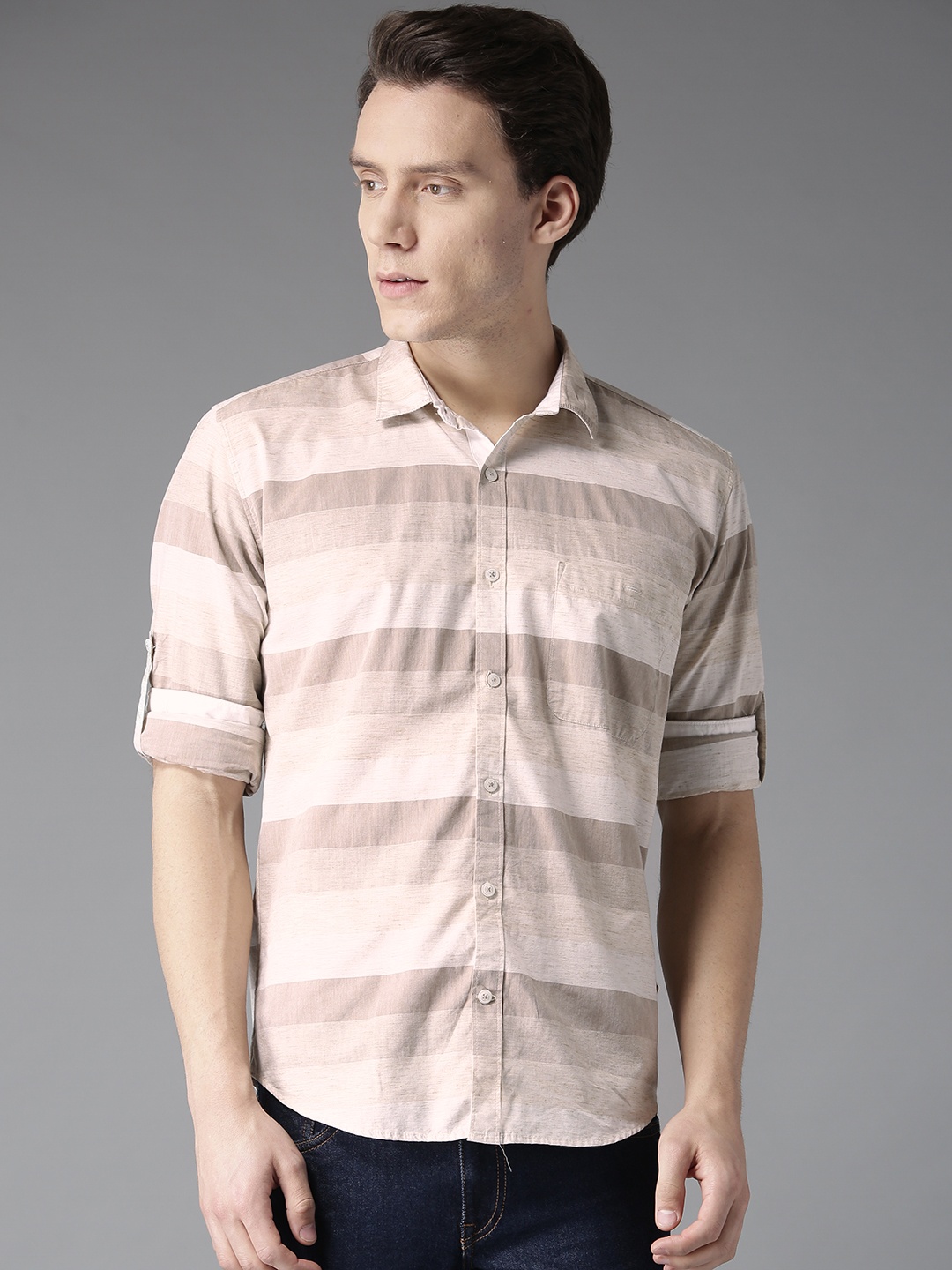 

DENNISON Men Beige Slim Fit Striped Casual Shirt