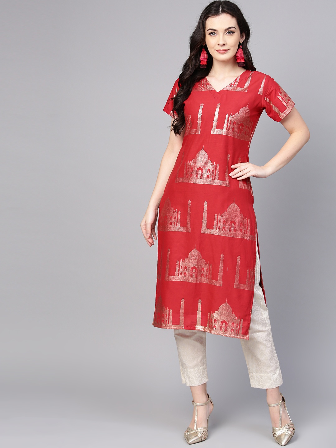 

Ahalyaa Women Red & Off-White Hand Print Kurta with Trousers