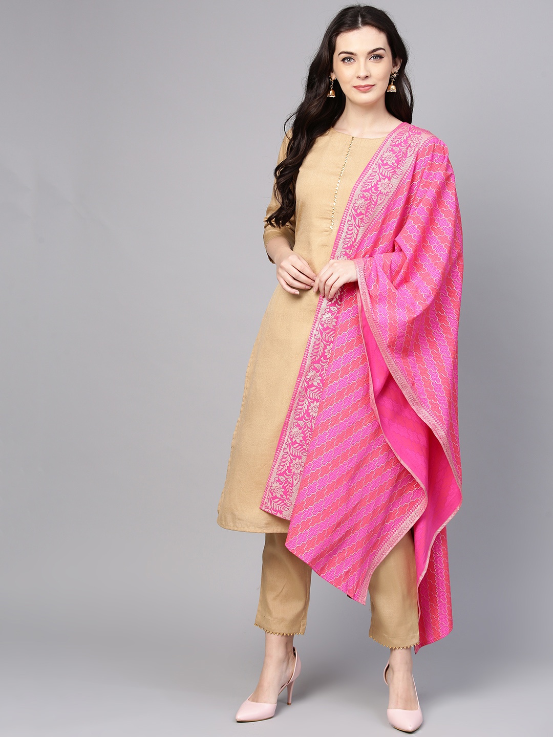 

Ahalyaa Women Beige Solid Kurta with Trousers & Dupatta