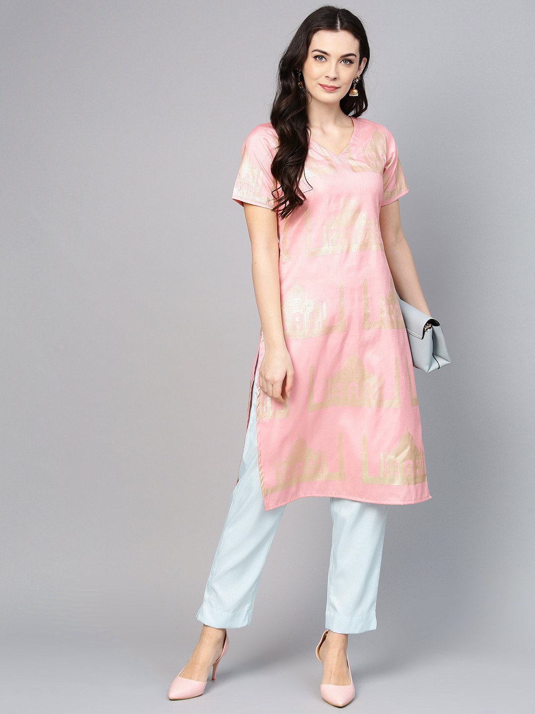 

Ahalyaa Women Pink & Blue Printed Kurta with Trousers