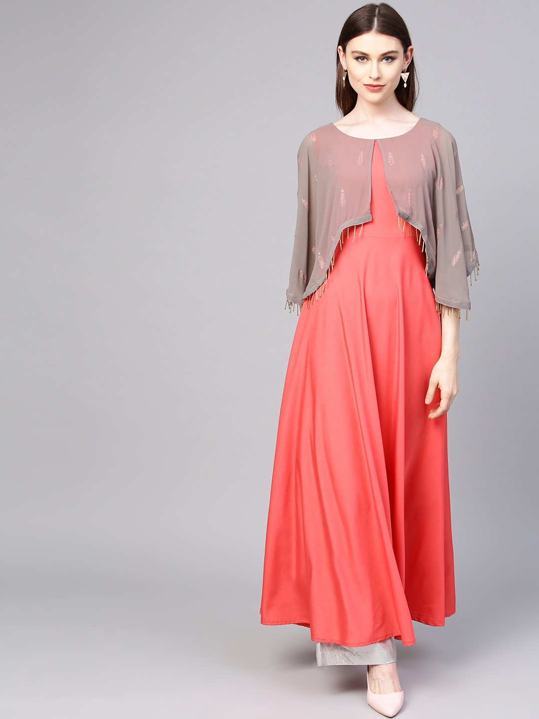 

Ahalyaa Women Coral Pink & Grey Solid A-Line Kurta