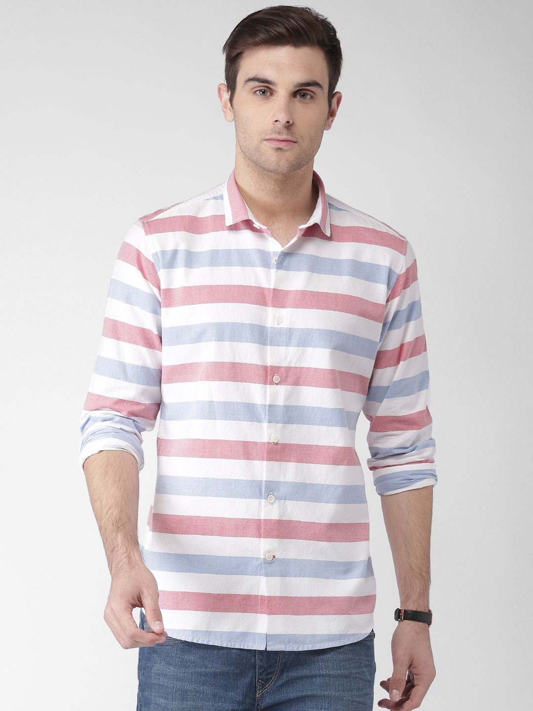 

Mast & Harbour White & Blue Striped Smart Casual Shirt