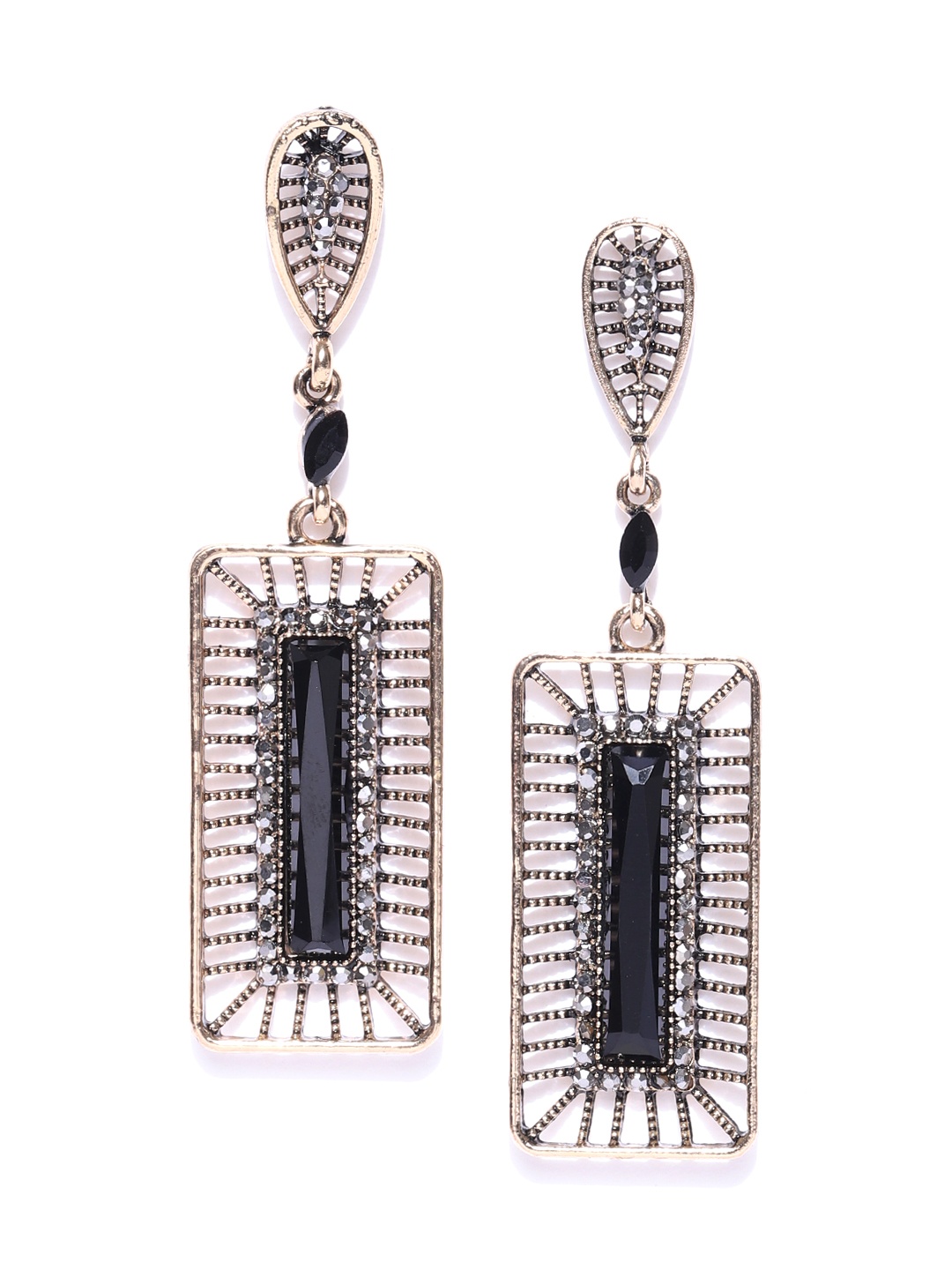 

Jewels Galaxy Black Copper-Plated Handcrafted Stone-Studded Geometric Drop Earrings