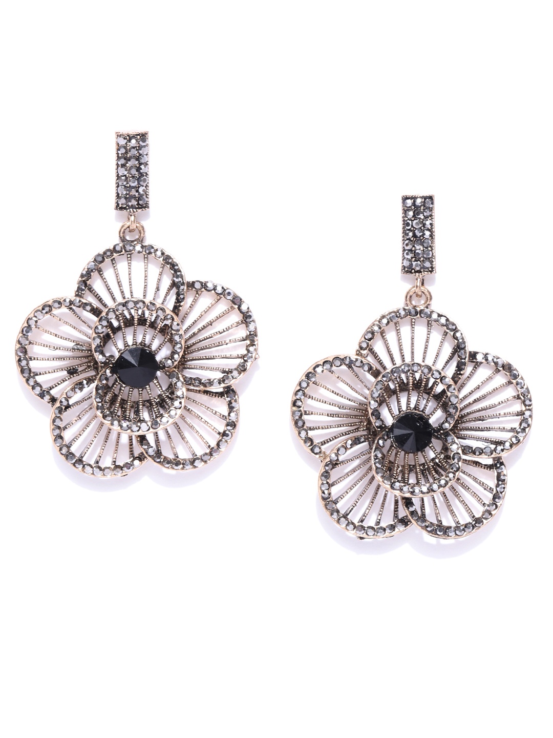 

Jewels Galaxy Black Copper-Plated Handcrafted Stone-Studded Floral Drop Earrings