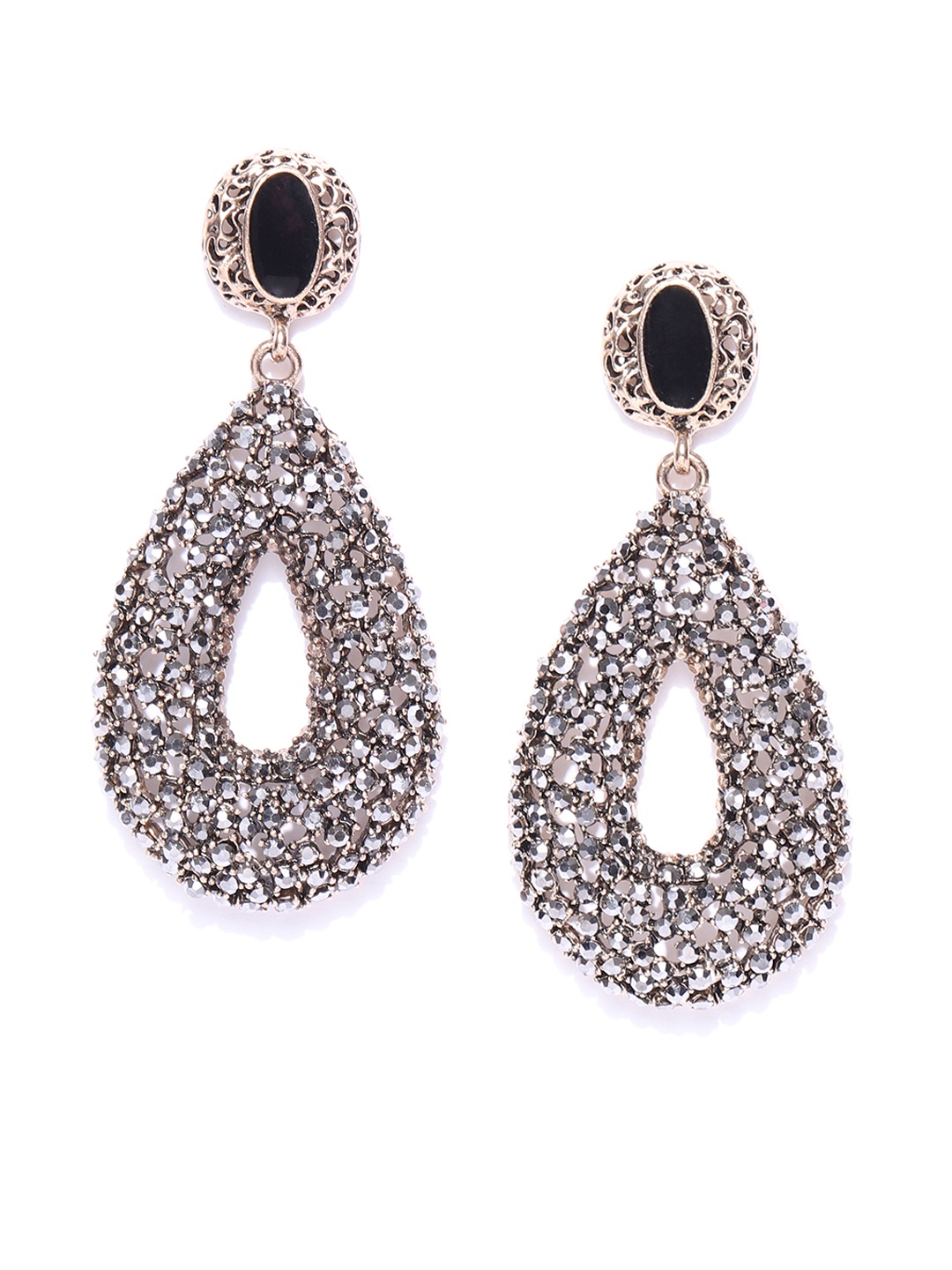 

Jewels Galaxy Black Copper-Plated Handcrafted Stone-Studded Teardrop-Shaped Drop Earrings