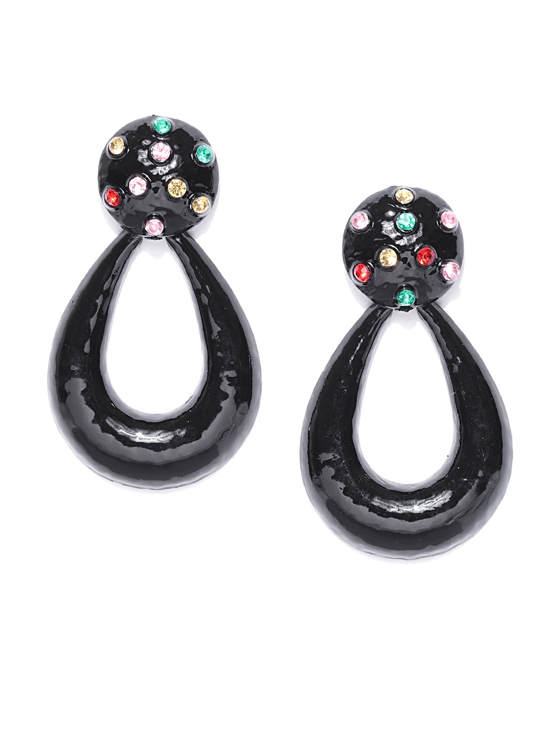 

Jewels Galaxy Black Handcrafted Stone-Studded Teardrop-Shaped Drop Earrings