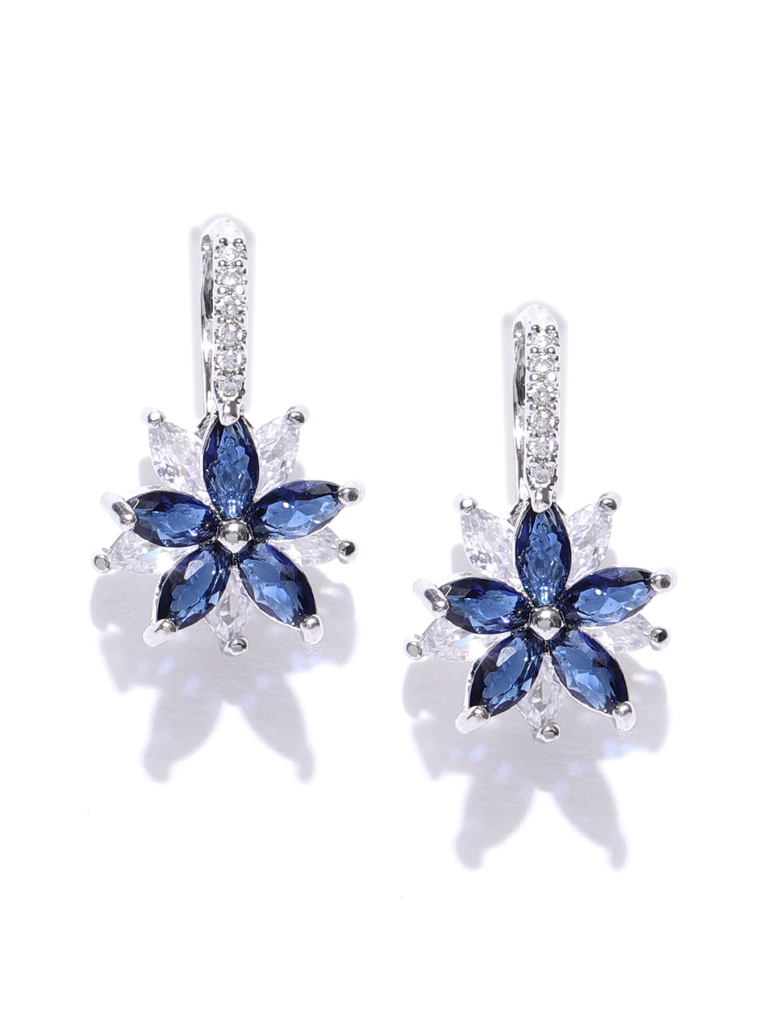 

Jewels Galaxy Navy Blue & Silver-Toned Rhodium-Plated Handcrafted Floral Drop Earrings