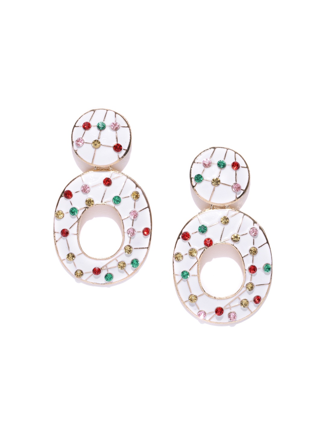 

Jewels Galaxy White Gold-Plated Handcrafted Enamelled Oval Drop Earrings