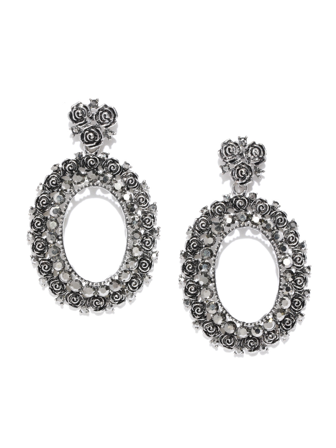 

Jewels Galaxy Oxidised Silver-Plated Handcrafted Oval Drop Earrings