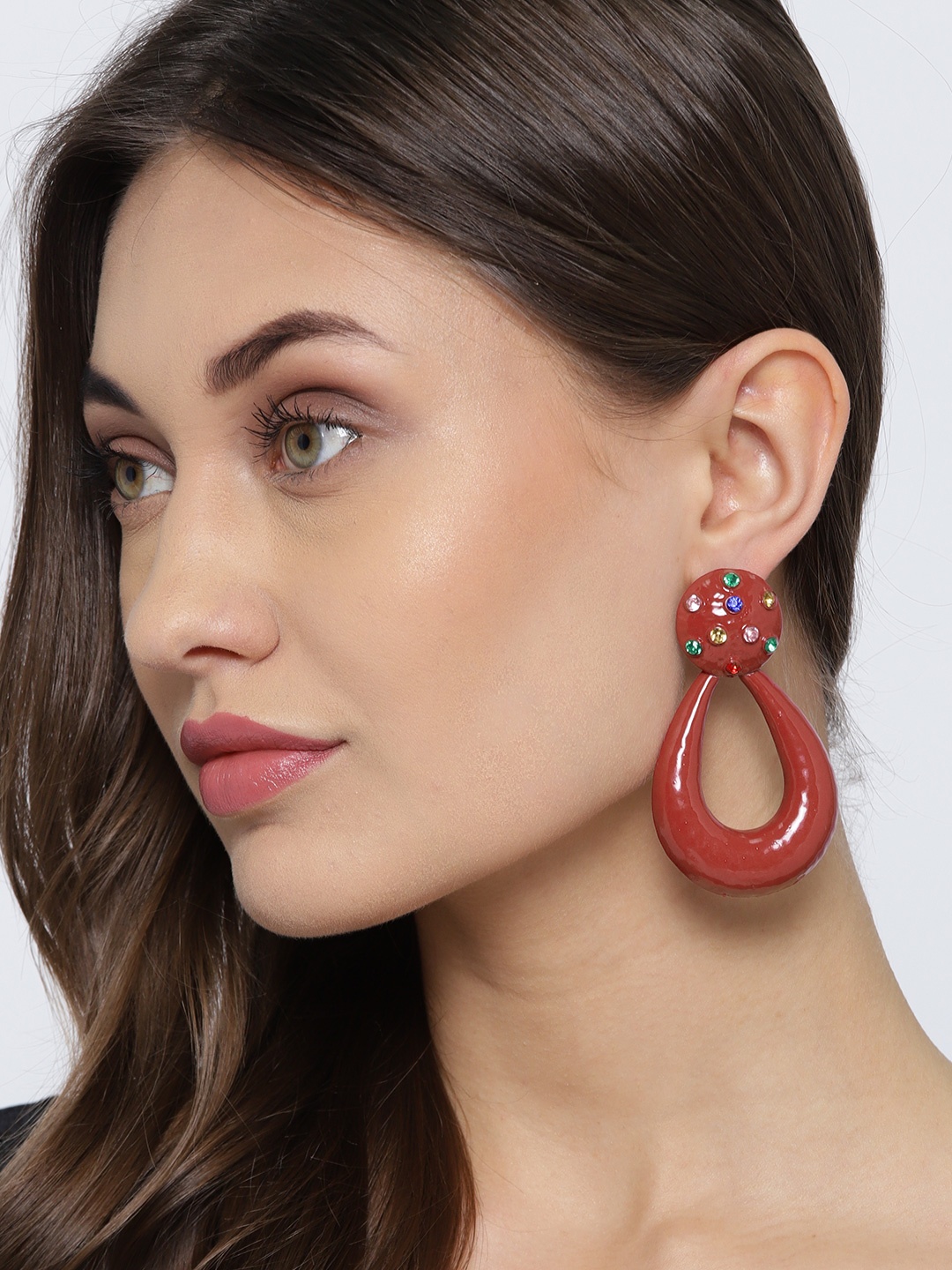 

Jewels Galaxy Red Enamelled Handcrafted Teardrop Shaped Drop Earrings