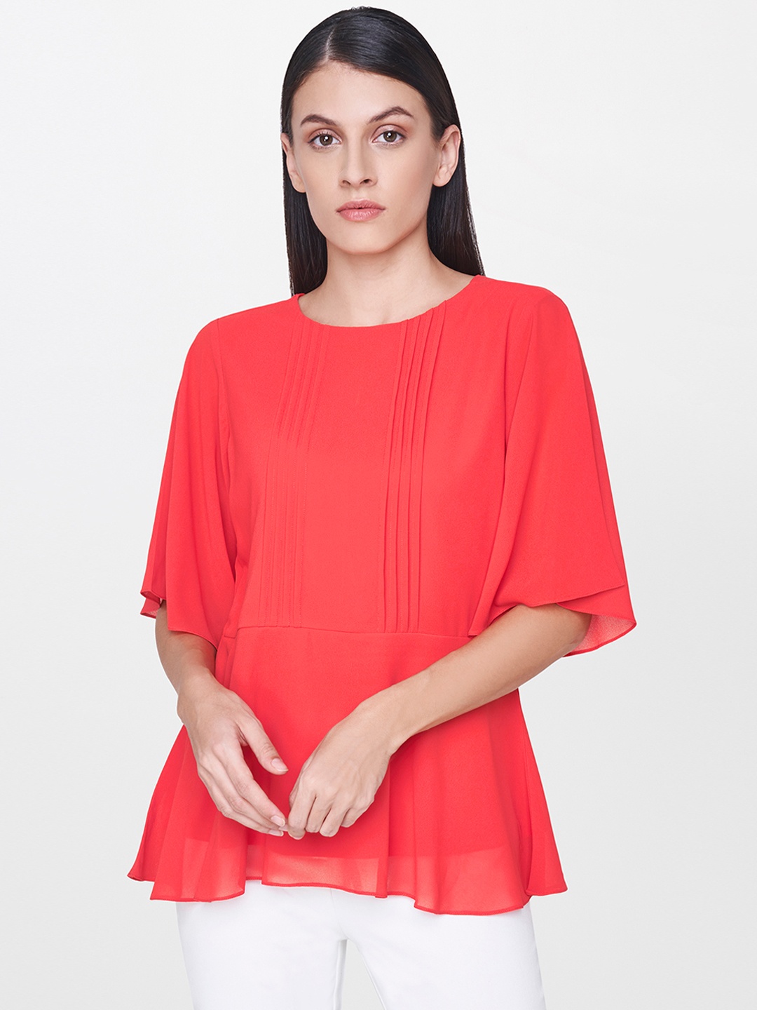 

AND Women Coral Red Solid Peplum Top