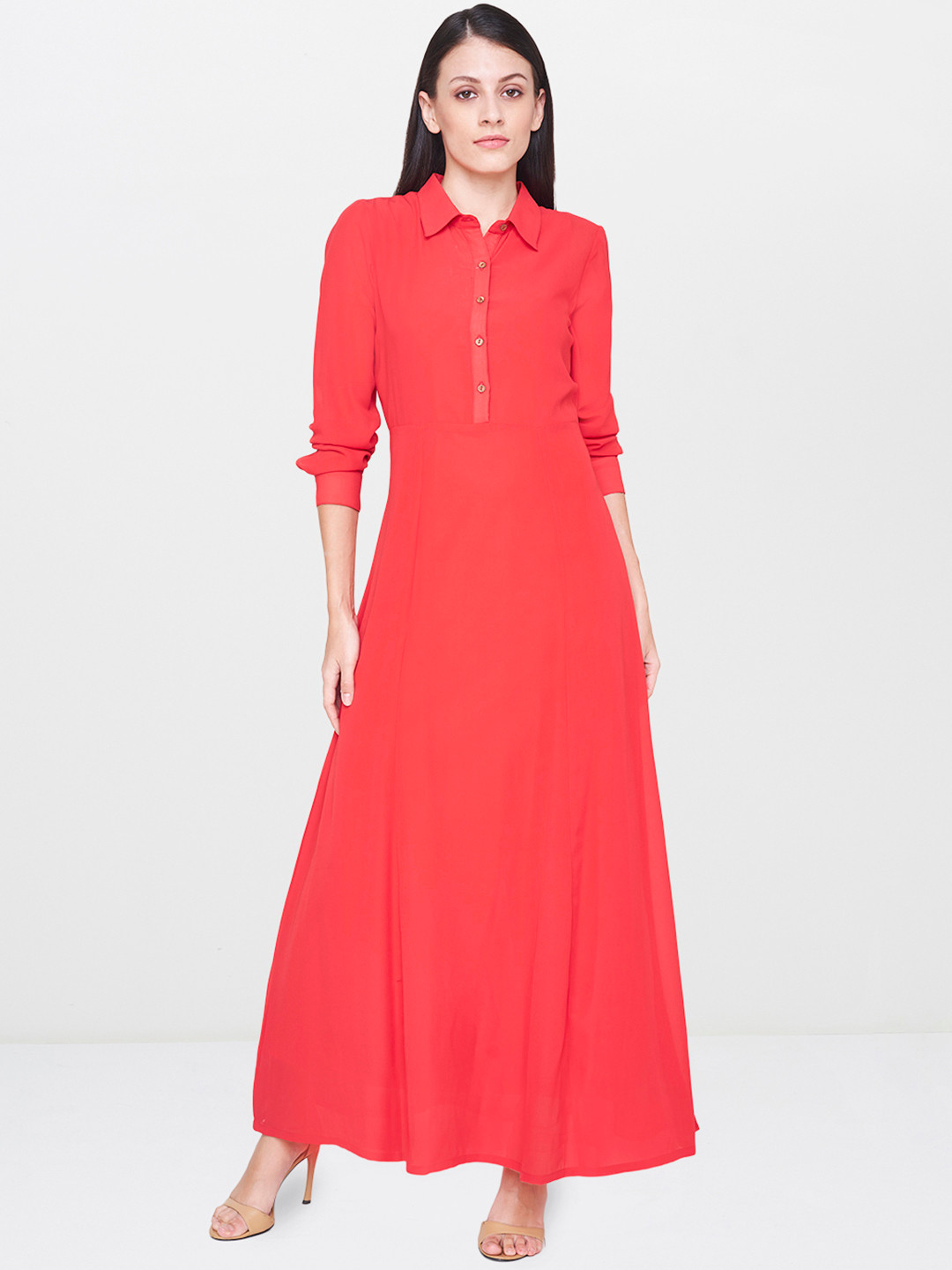 

AND Women Coral Red Solid A-Line Dress