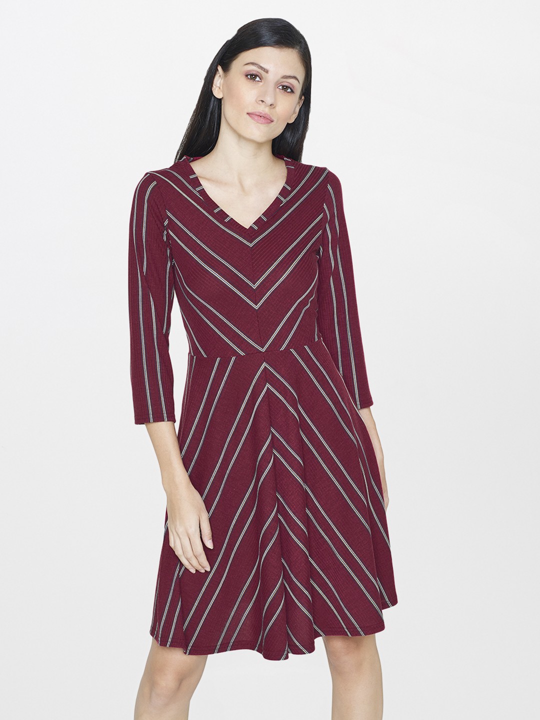 

AND Women Maroon Striped A-Line Dress
