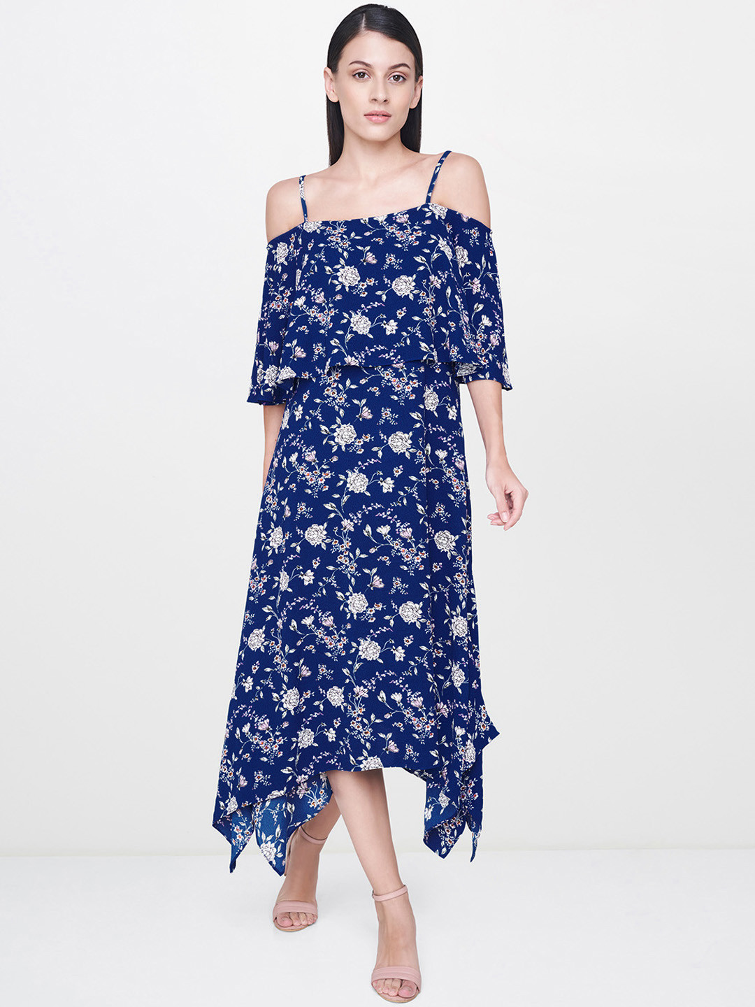 

AND Women Blue Printed A-Line Layered Midi Dress