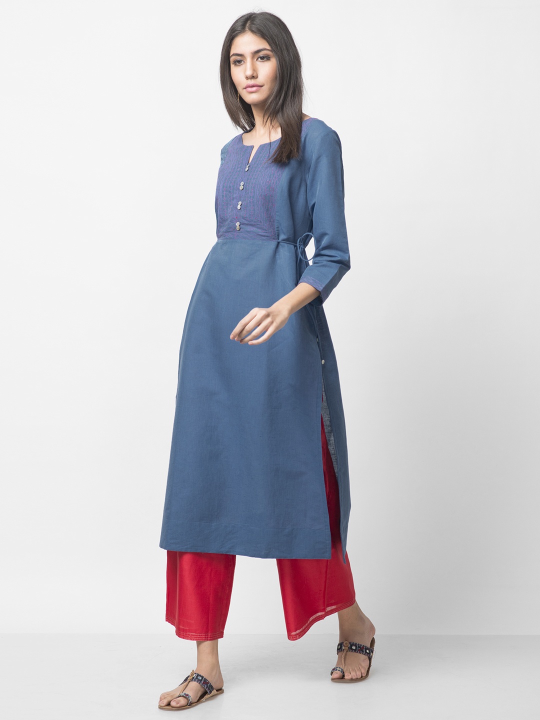 

Fabindia Women Teal Blue Slim Fit Yoke Design A-Line Kurta