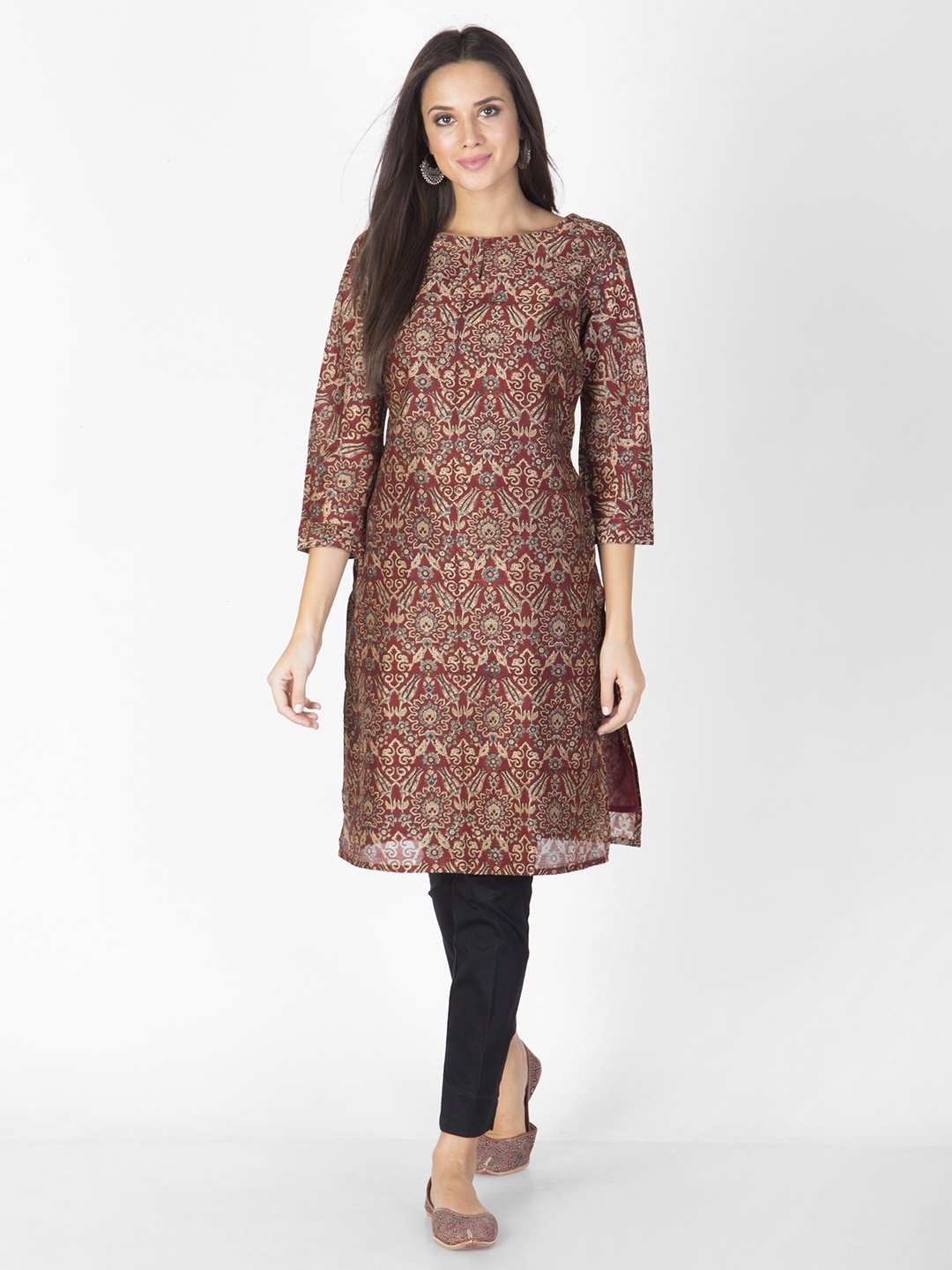 

Fabindia Women Rust Brown & Beige Ajrakh Print Straight Kurta