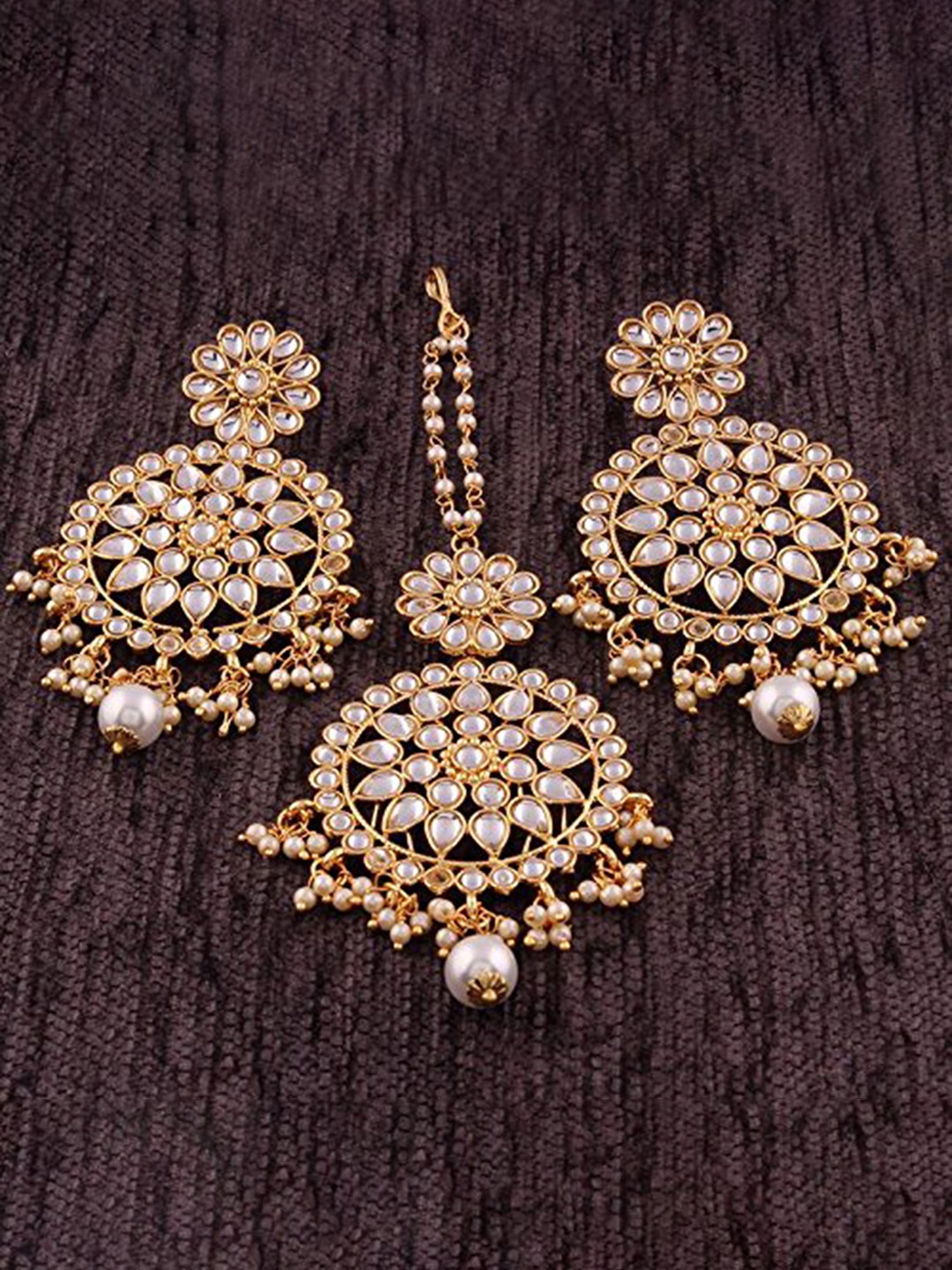 

Peora Gold-Plated Traditional Kundan & Pearl Earring with Maang Tikka Jewellery Set, White