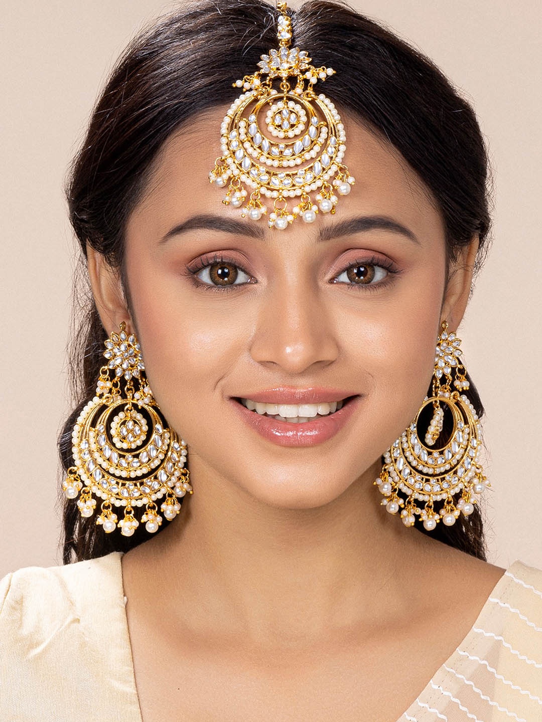 

Peora 18K Gold-Plated & White Kundan & Pearl Maang Tikka Earring Set