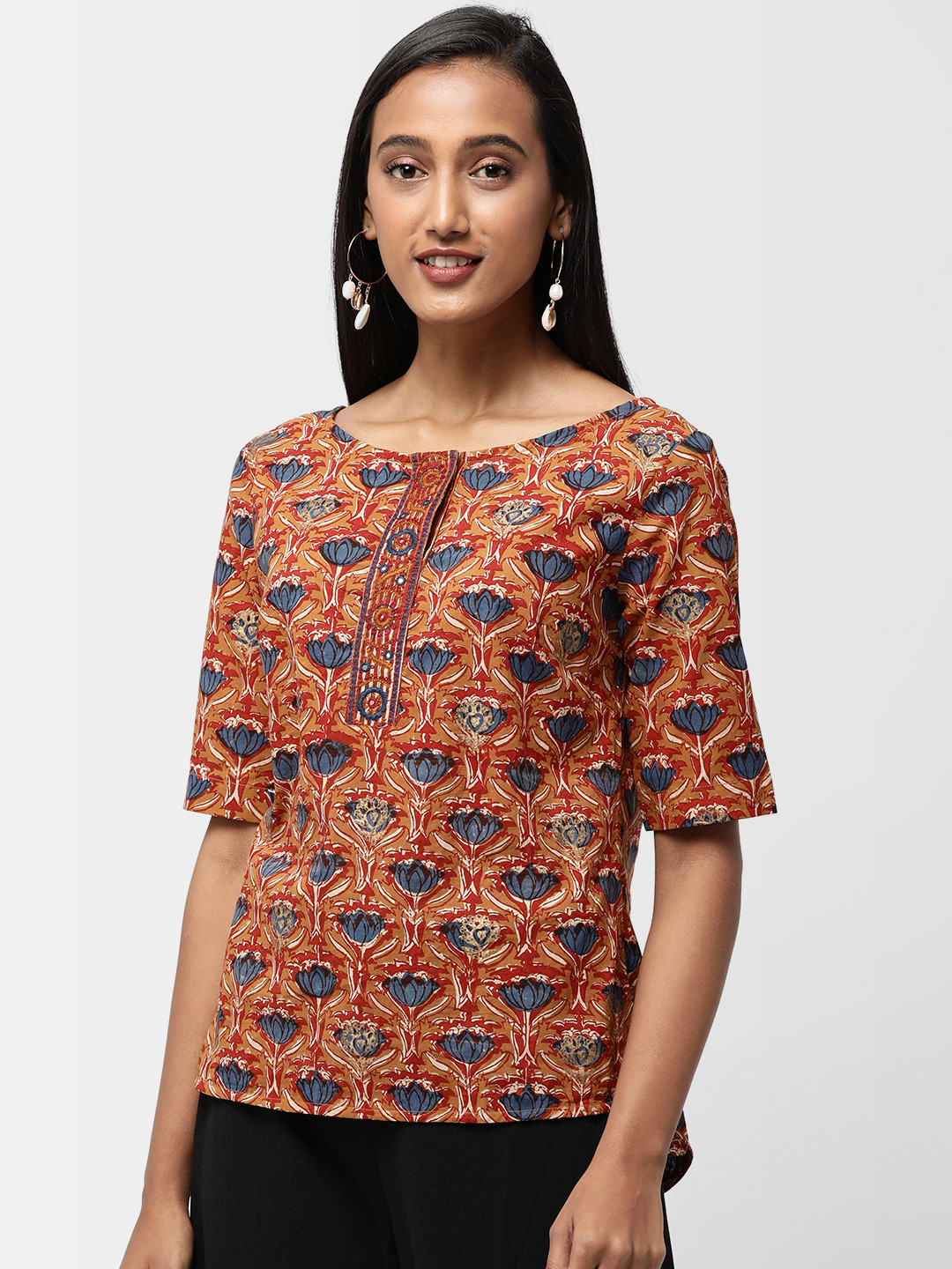 

Fabindia Women Rust Brown & Blue Handblock Print Top
