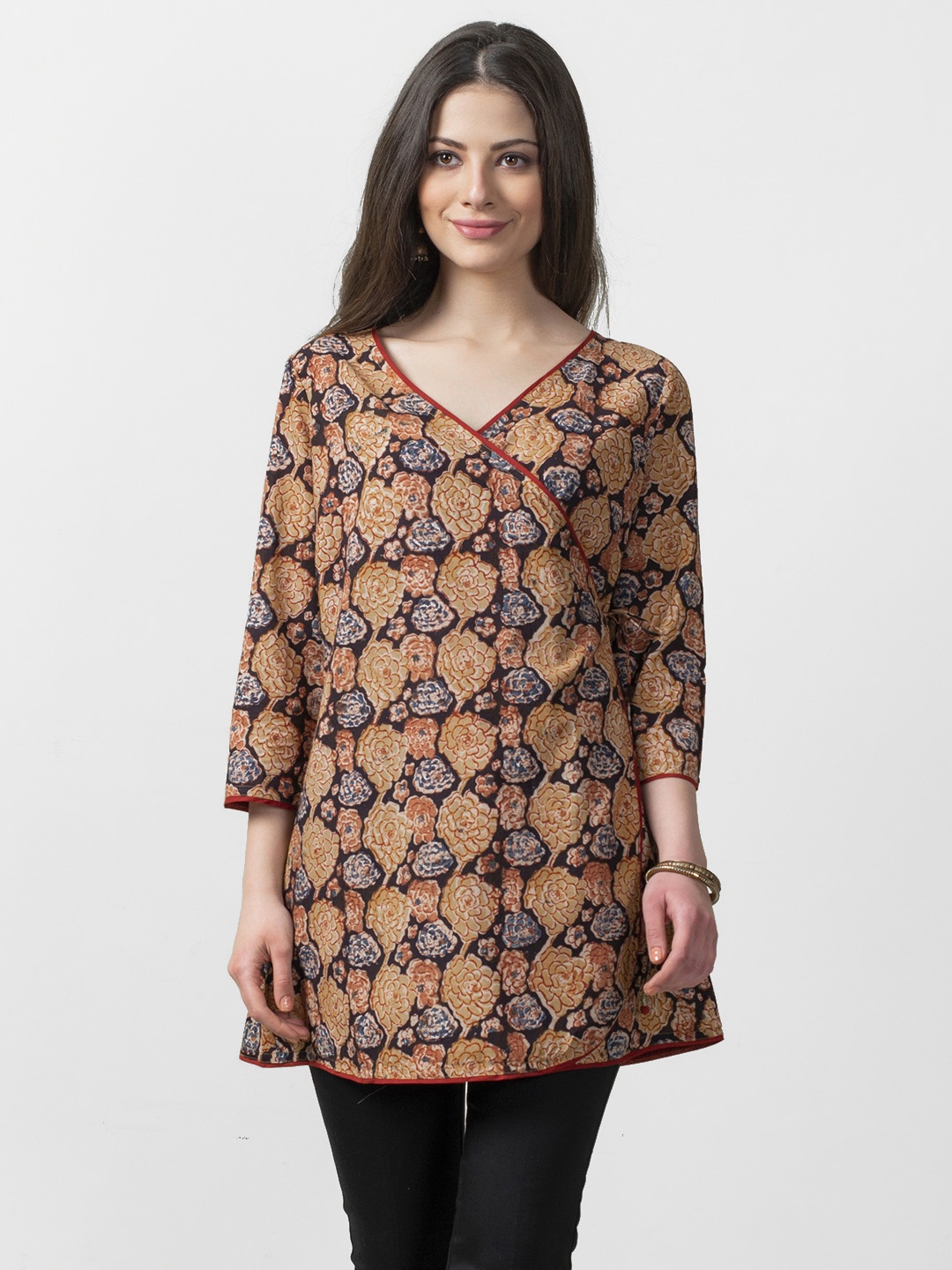 

Fabindia Mustard Yellow & Black Kalamkari Print Wrap Tunic