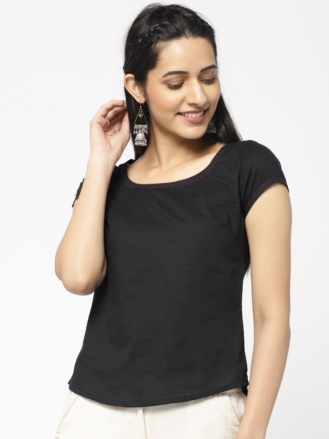 

Fabindia Women Black Solid Pure Cotton Top
