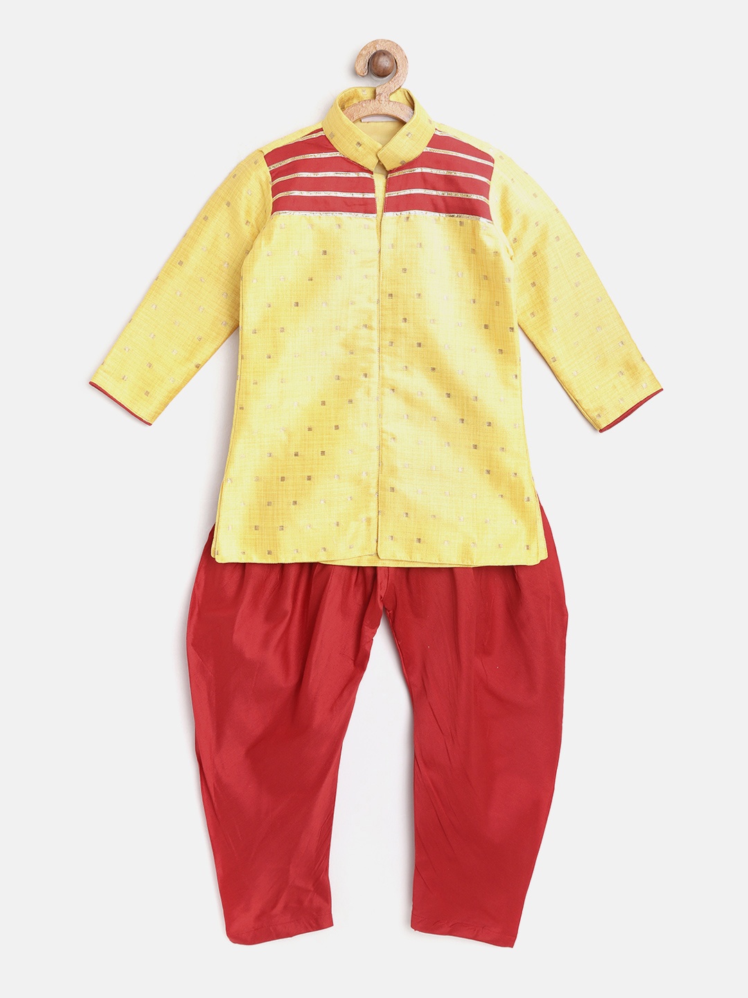 

BownBee Boys Yellow & Red Woven Design Sherwani Set