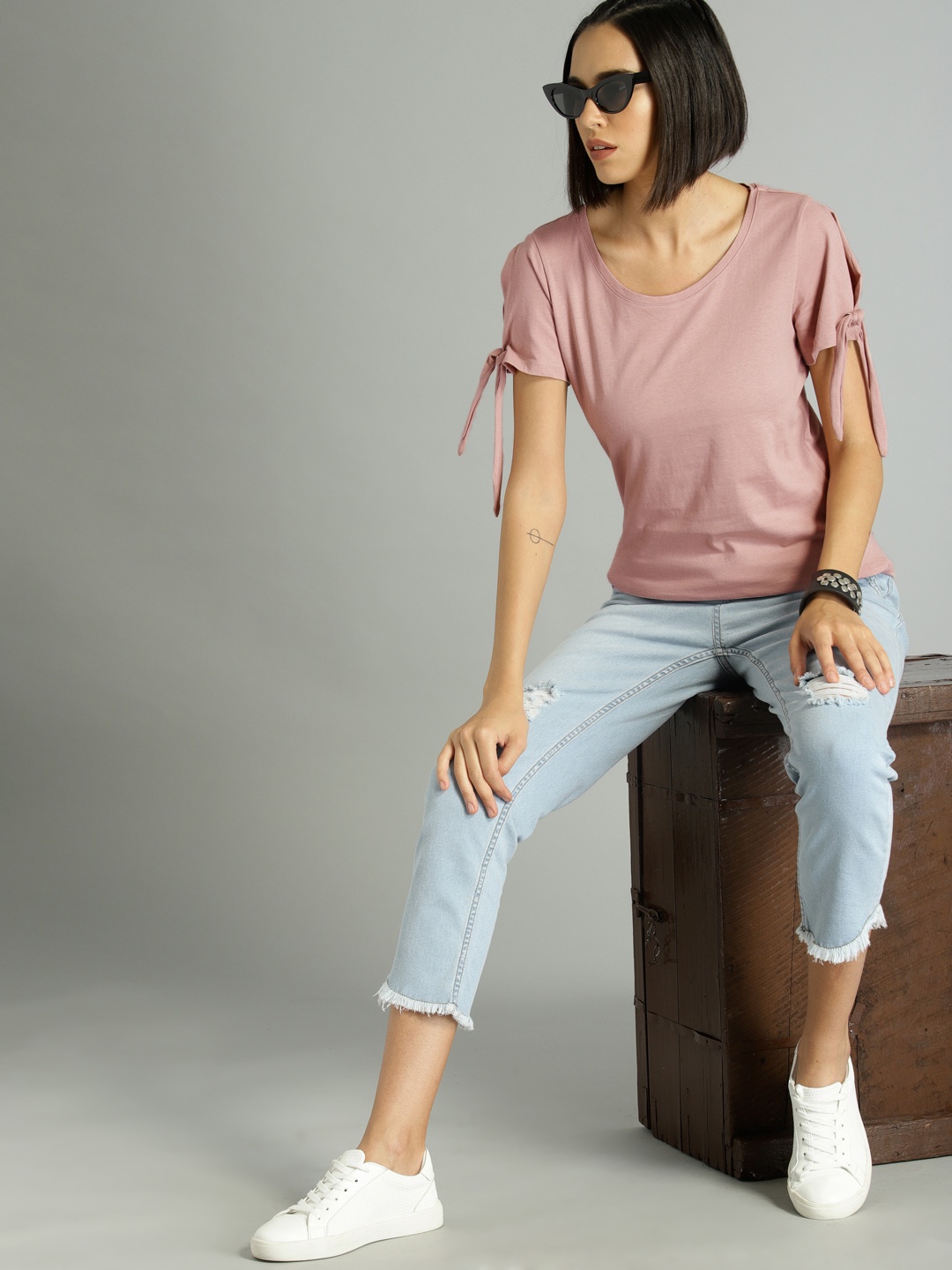 

Roadster Women Dusty Pink Solid Pure Cotton Top
